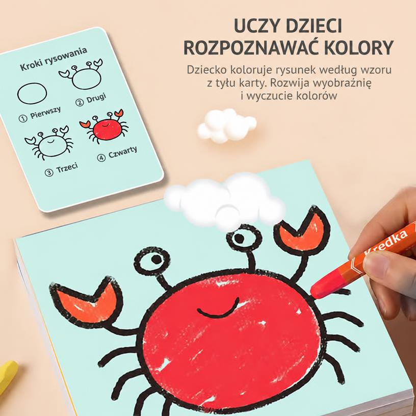 Karta z krokami rysowania kraba — uczy rozpoznawać kolory
